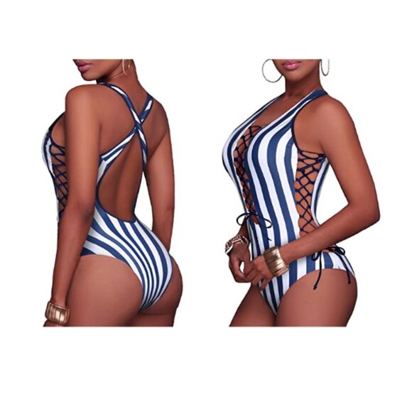 Holipick Women's Plunge V Neck Lace Up Open Back One Piece Swimsuit Sz Large NWT - Picture 2 of 6